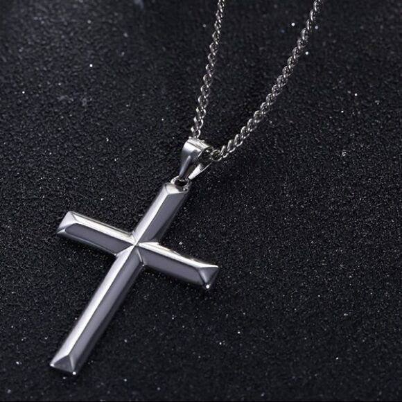 Sterling Silver Beveled Cross Cuban Chain Necklace - Picture 1 of 8